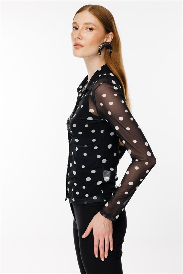 Gömlek Yaka Tül Bluz-SİYAH/BEYAZ