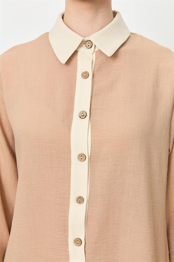 Gömlek Yaka Yarım Patlı Tunik-CAMEL