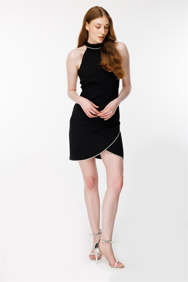 Taş Detaylı Kısa Abiye Elbise-SİYAH