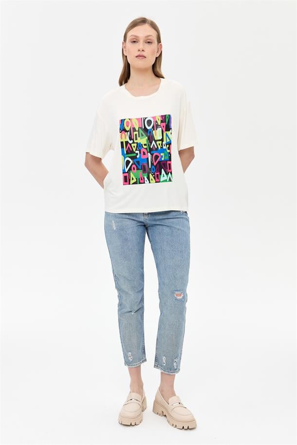 Harf Baskılı Kısa Kollu Tişört-KEMIK