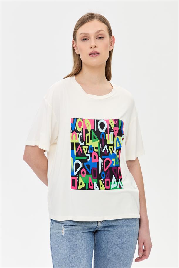 Harf Baskılı Kısa Kollu Tişört-KEMIK