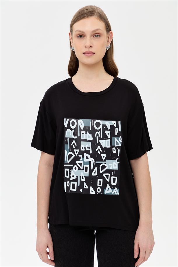 Harf Baskılı Kısa Kollu Tişört-SİYAH