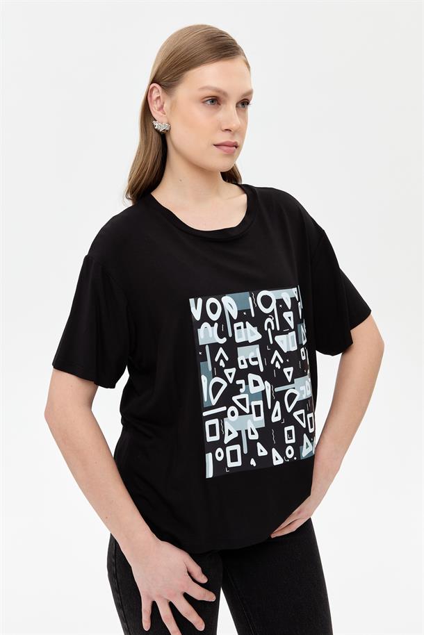 Harf Baskılı Kısa Kollu Tişört-SİYAH