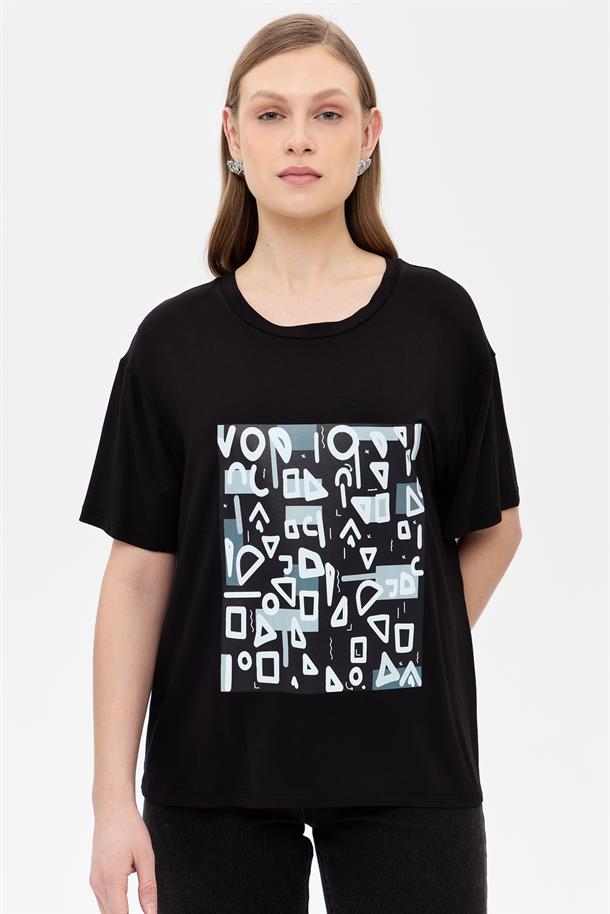 Harf Baskılı Kısa Kollu Tişört-SİYAH