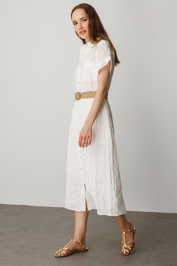 Hasır Kemer Detay Pamuklu Elbise-KREM