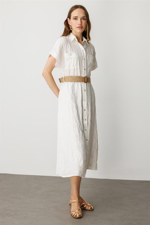 Hasır Kemer Detay Pamuklu Elbise-KREM