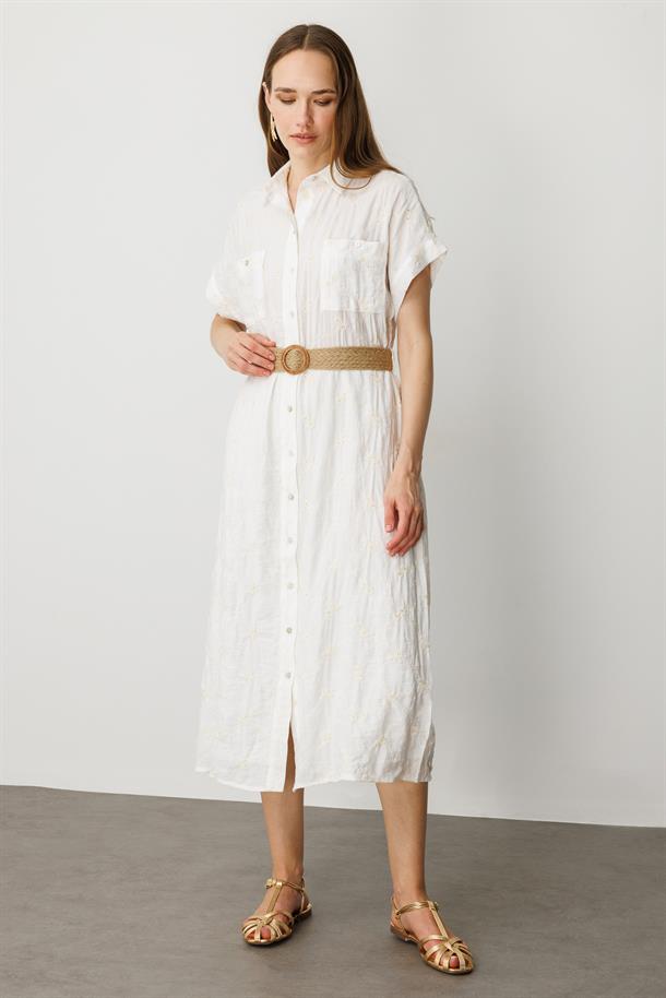 Hasır Kemer Detay Pamuklu Elbise-KREM