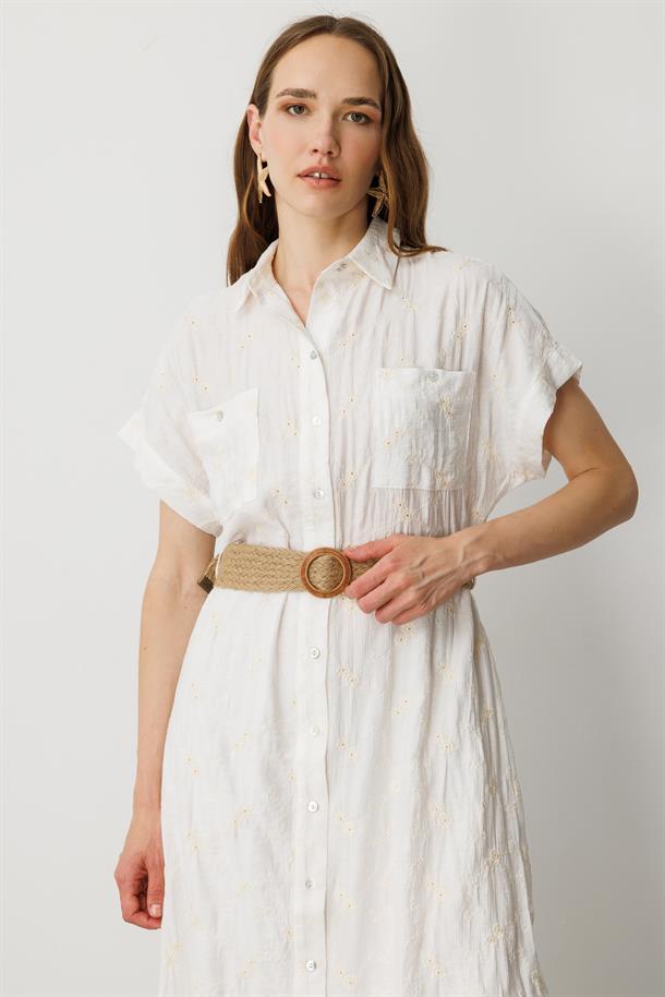 Hasır Kemer Detay Pamuklu Elbise-KREM