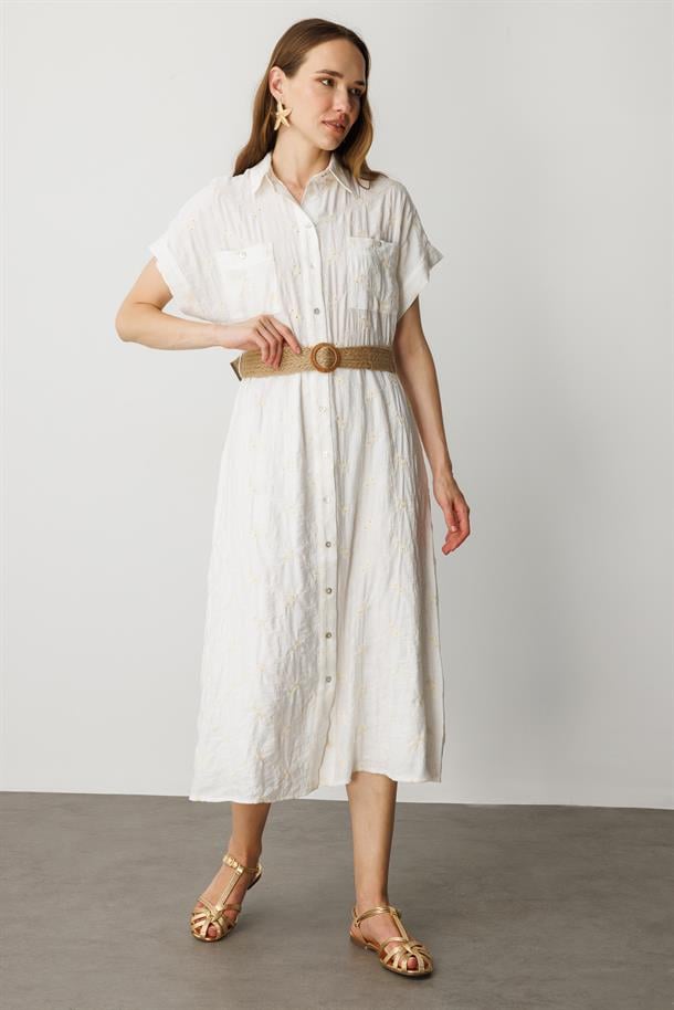 Hasır Kemer Detay Pamuklu Elbise-KREM