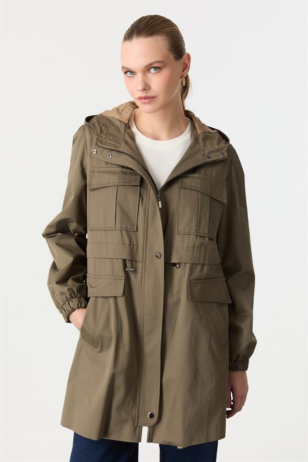 İçi Peluş Kapüşonlu Trenç-HAKİ