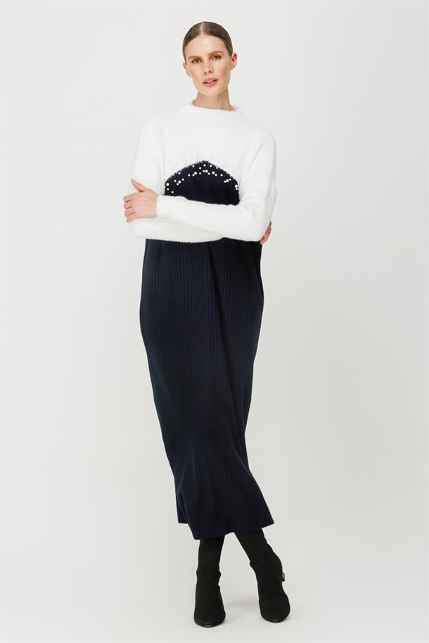 İki Renkli İnci Detaylı Uzun Triko Elbise-LACI