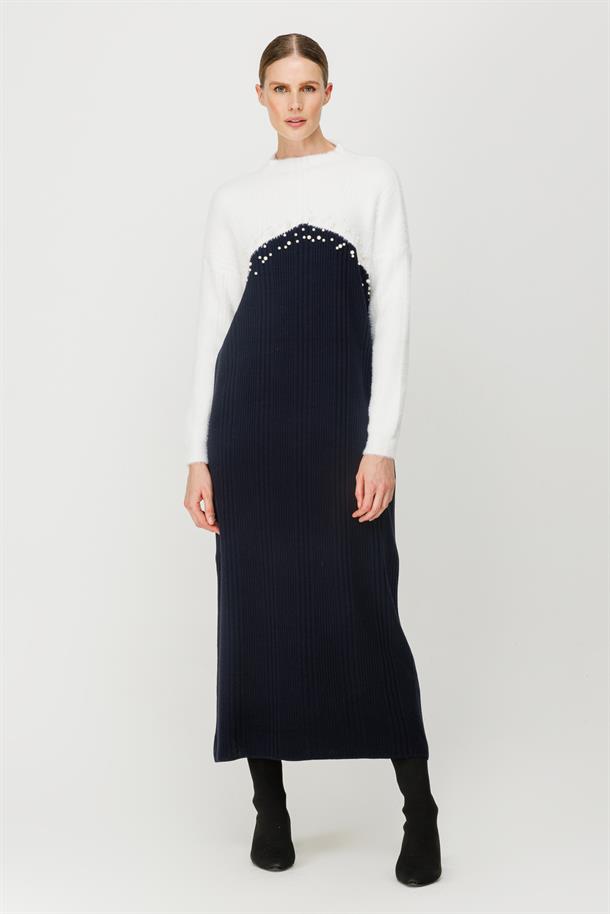 İki Renkli İnci Detaylı Uzun Triko Elbise-LACI