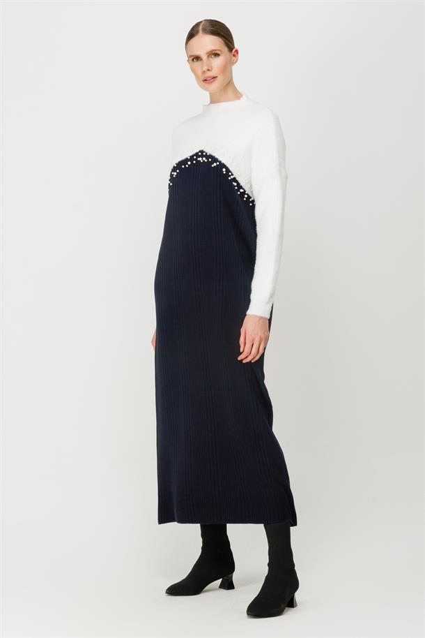 İki Renkli İnci Detaylı Uzun Triko Elbise-LACI