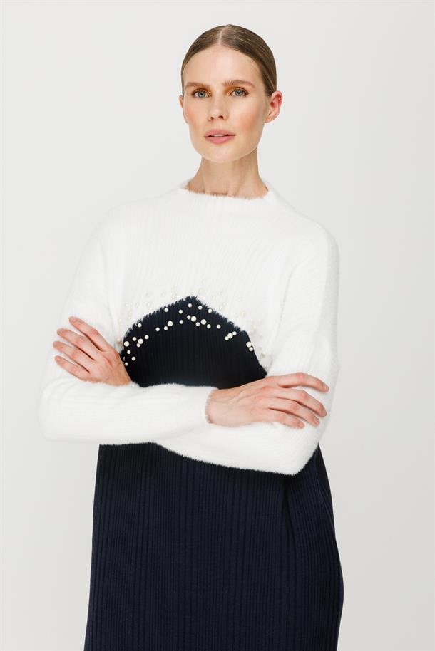 İki Renkli İnci Detaylı Uzun Triko Elbise-LACI