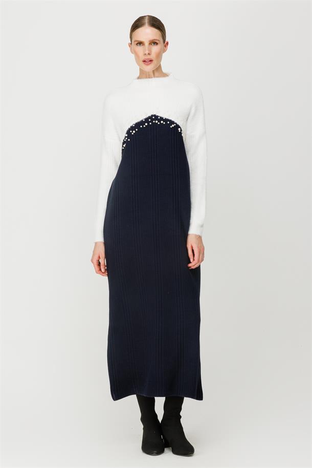 İki Renkli İnci Detaylı Uzun Triko Elbise-LACI