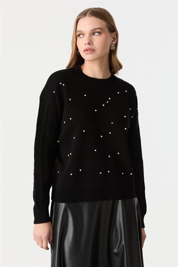 İnci İşleme Detaylı Triko TKazak-SİYAH