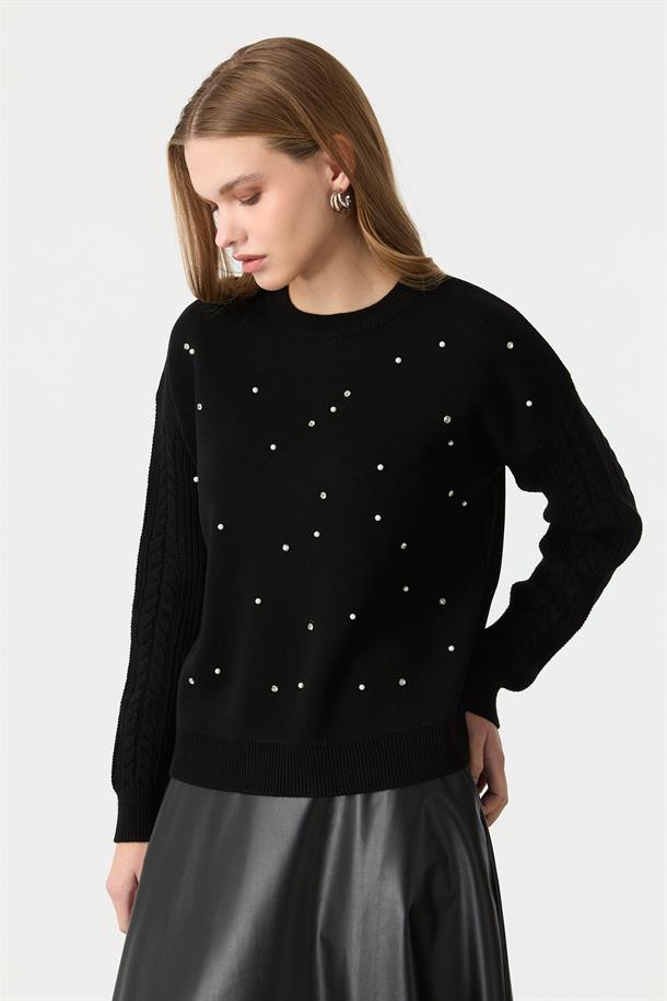 İnci İşleme Detaylı Triko TKazak-SİYAH