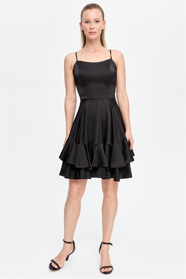 İp Askılı Eteği Volanlı Kısa Abiye-SİYAH