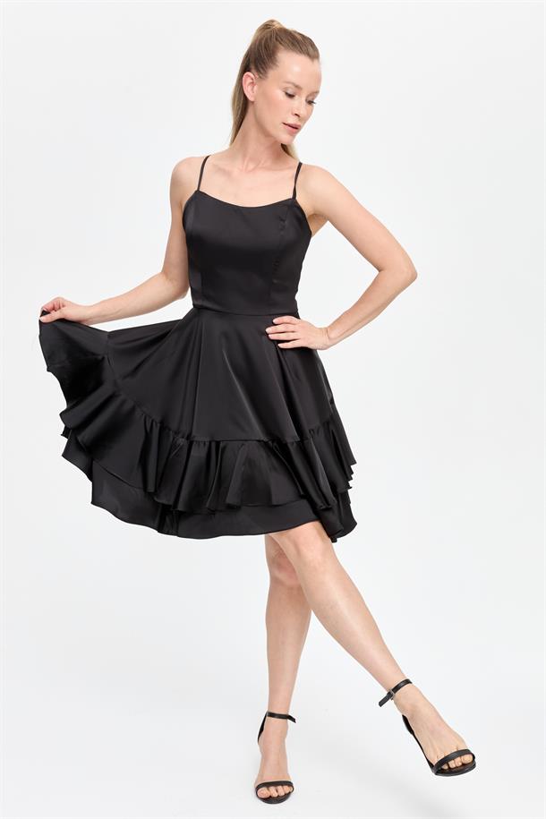 İp Askılı Eteği Volanlı Kısa Abiye-SİYAH