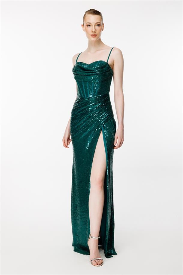 İp Askılı Payetli Yırtmaçlı Uzun Abiye-ZÜMRÜT