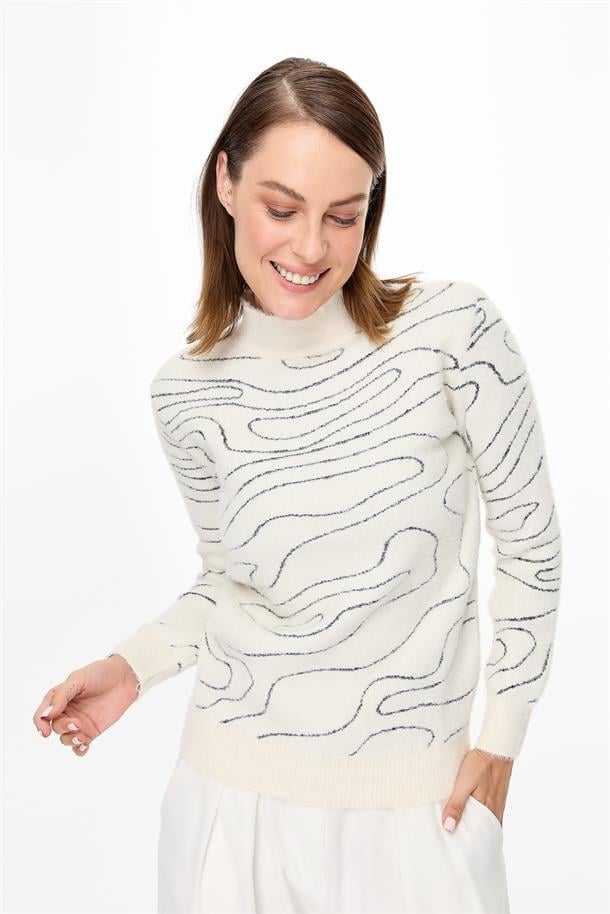 İp Desenli Yumoş Triko Kazak-EKRU