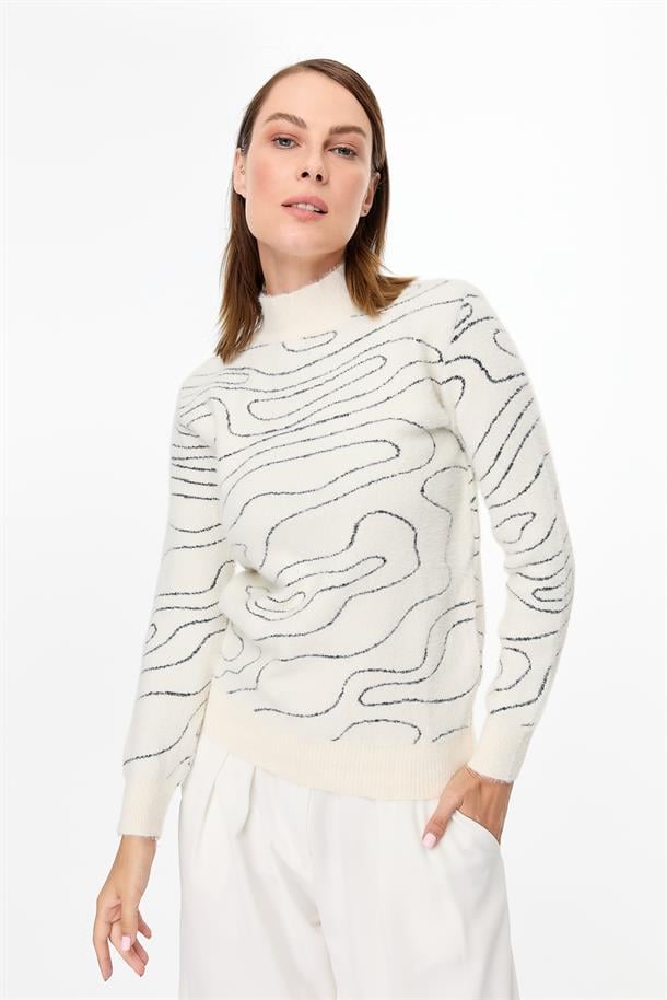 İp Desenli Yumoş Triko Kazak-EKRU