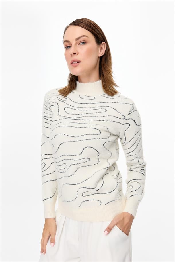 İp Desenli Yumoş Triko Kazak-EKRU