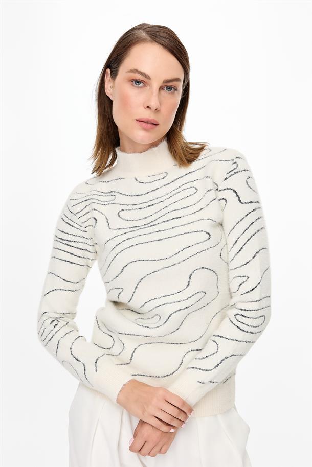 İp Desenli Yumoş Triko Kazak-EKRU