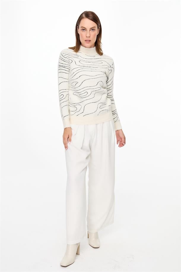 İp Desenli Yumoş Triko Kazak-EKRU