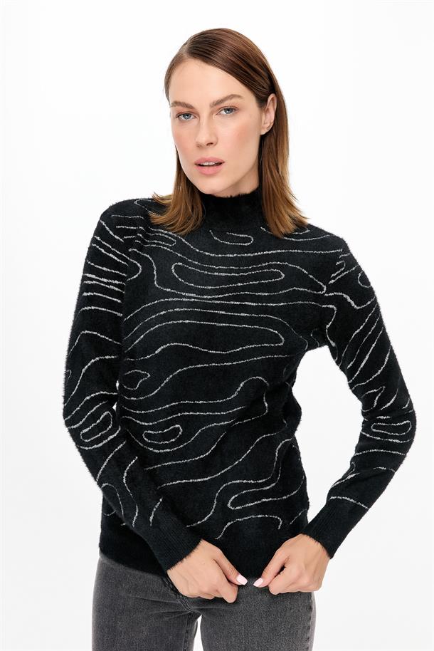 İp Desenli Yumoş Triko Kazak-SİYAH