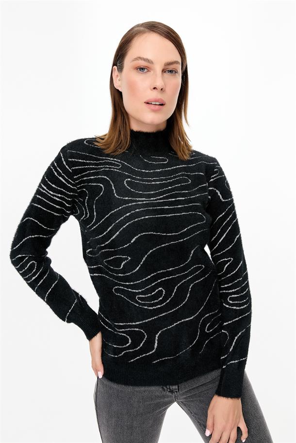İp Desenli Yumoş Triko Kazak-SİYAH