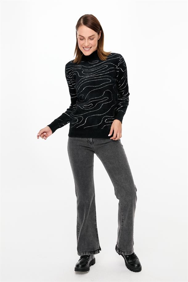 İp Desenli Yumoş Triko Kazak-SİYAH
