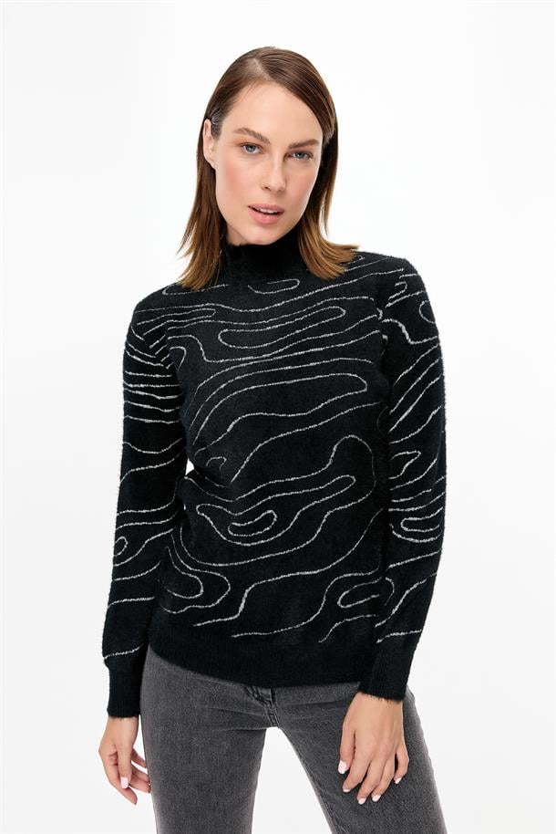 İp Desenli Yumoş Triko Kazak-SİYAH