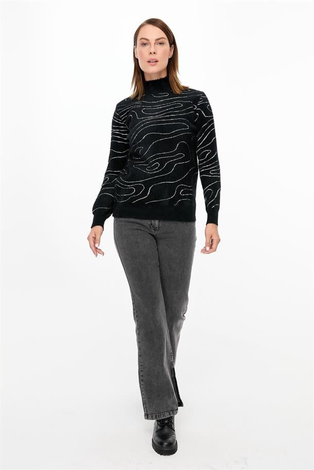 İp Desenli Yumoş Triko Kazak-SİYAH