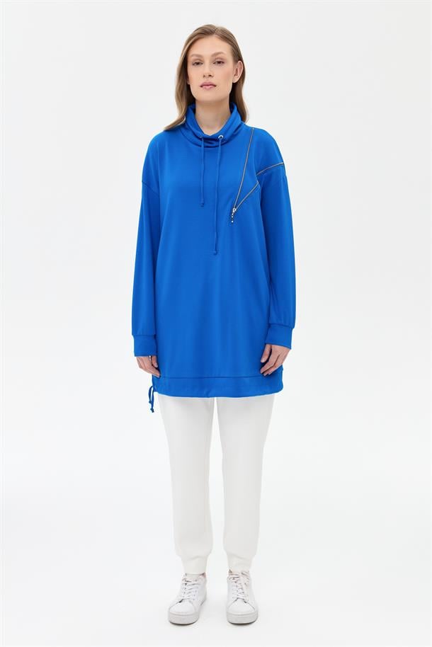 İpli Fermuar Detaylı Rahat Kalıp Tunik-SAX