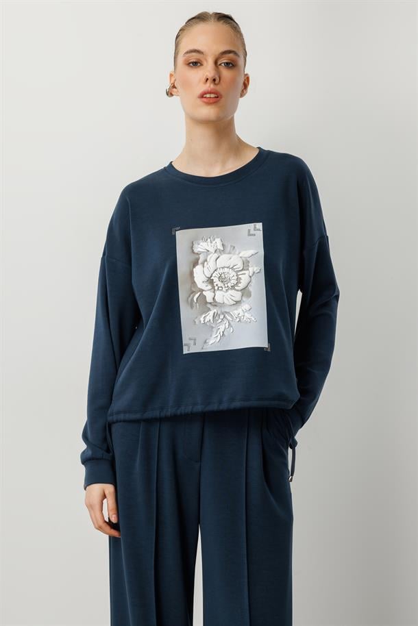 Kabartma Çiçek Desenli Modal Bluz-PETROL