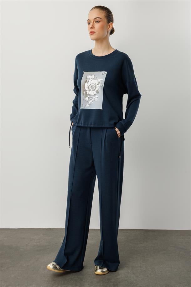 Kabartma Çiçek Desenli Modal Bluz-PETROL