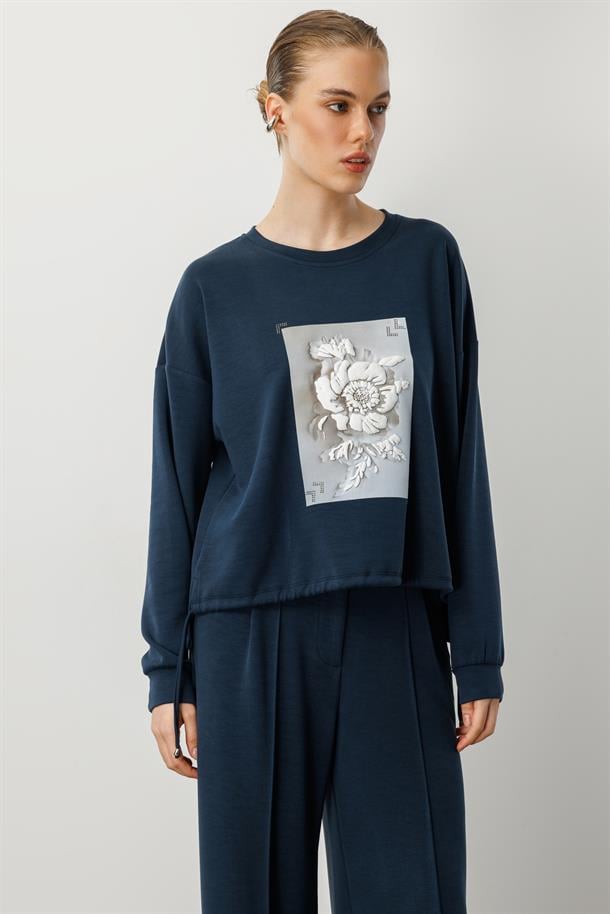 Kabartma Çiçek Desenli Modal Bluz-PETROL