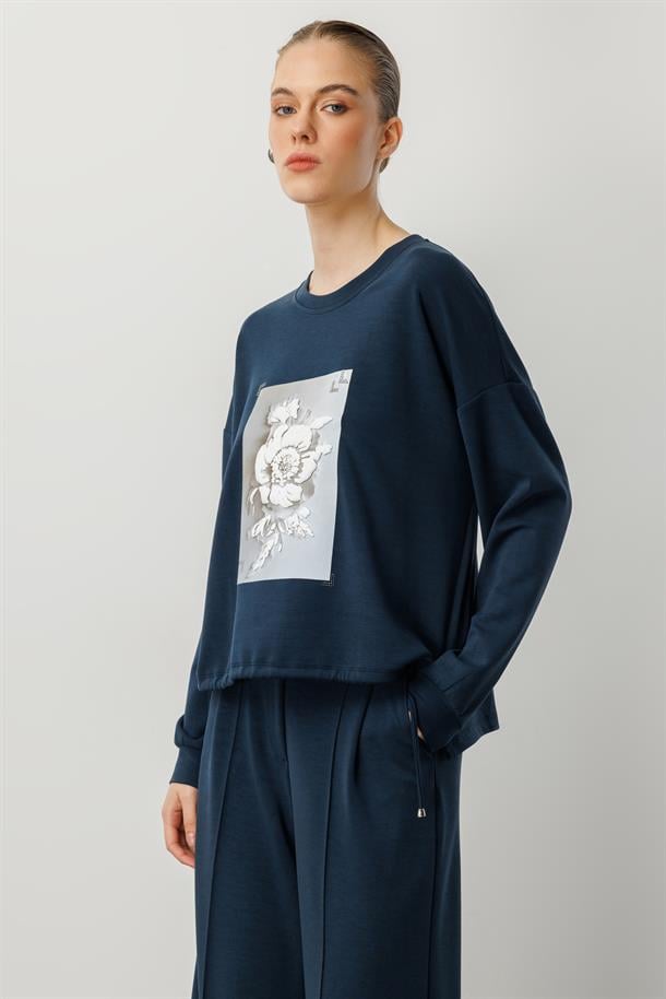 Kabartma Çiçek Desenli Modal Bluz-PETROL