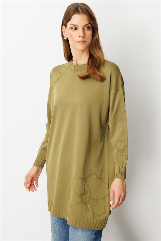 Kabartma Çiçek Desenli Triko Tunik-Y.YEŞİLİ