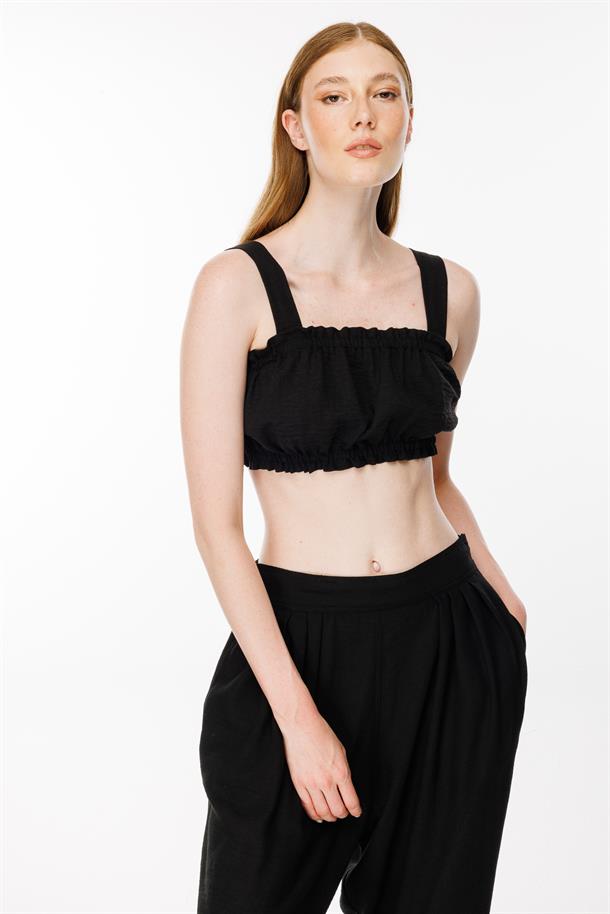 Kalın Askılı Keten Crop Bluz-SİYAH