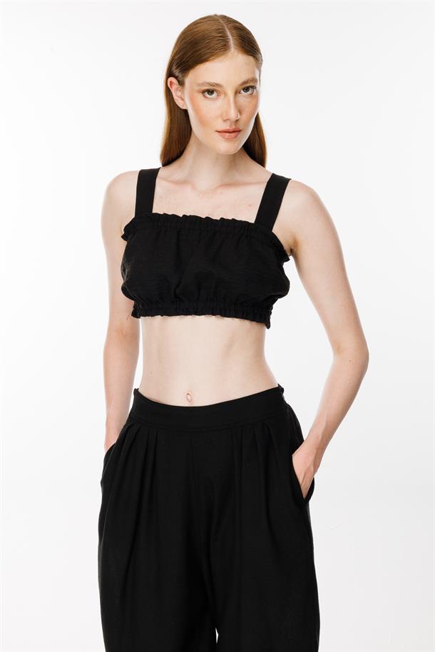Kalın Askılı Keten Crop Bluz-SİYAH