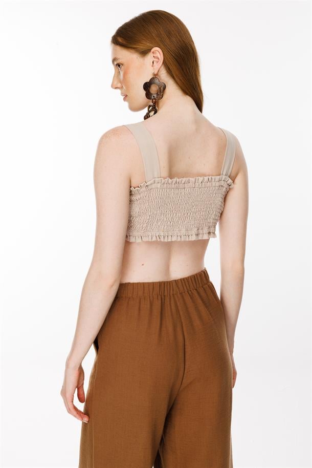 Kalın Askılı Keten Crop Bluz-TAŞ
