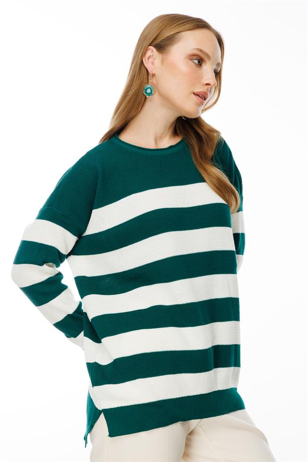 Kalın Çizgili Örgü Kazak-YEŞİL