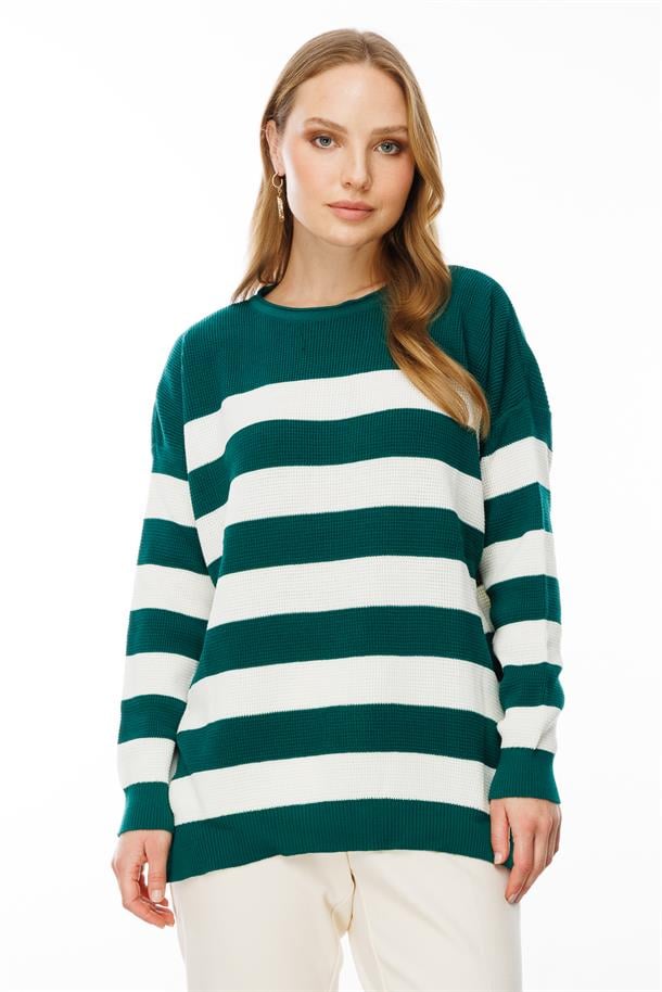 Kalın Çizgili Örgü Kazak-YEŞİL