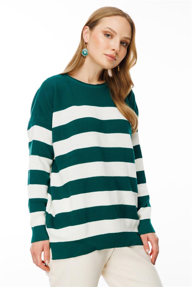 Kalın Çizgili Örgü Kazak-YEŞİL