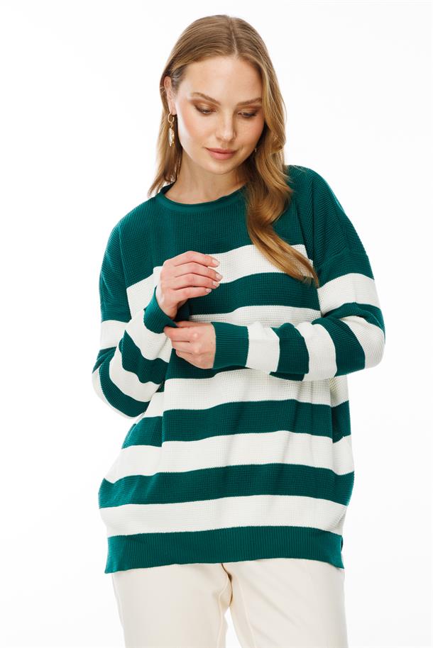 Kalın Çizgili Örgü Kazak-YEŞİL