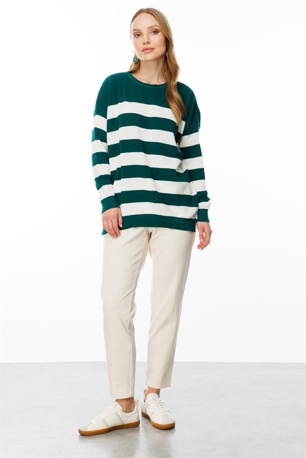 Kalın Çizgili Örgü Kazak-YEŞİL