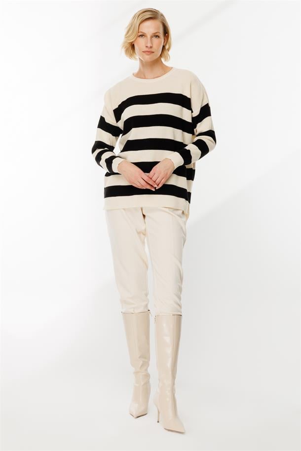 Kalın Çizgili Örgü Kazak-KREM