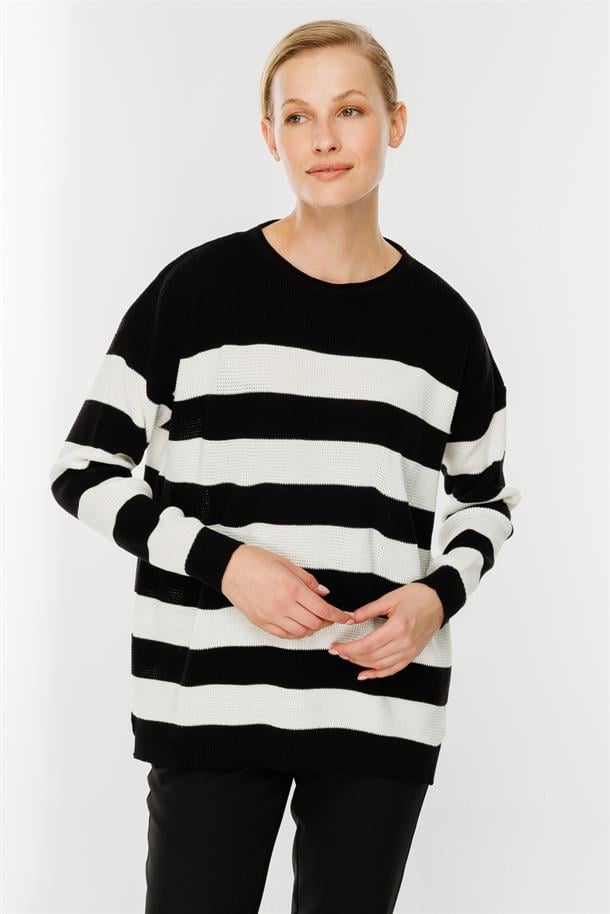 Kalın Çizgili Örgü Kazak-SİYAH